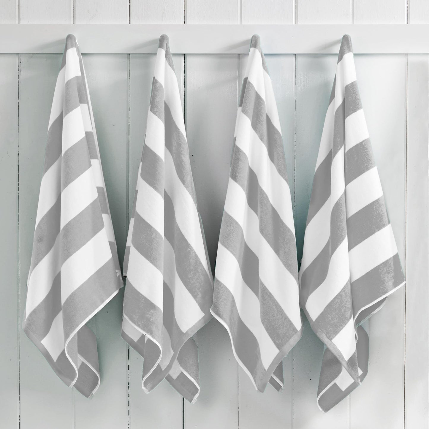 Great Bay Home 100% Cotton Velour 4 Pack Beach Towels 30" x 60" - Cabana Stripe Pool Towels - Quick Dry, Large Swim Towel (Light Grey)