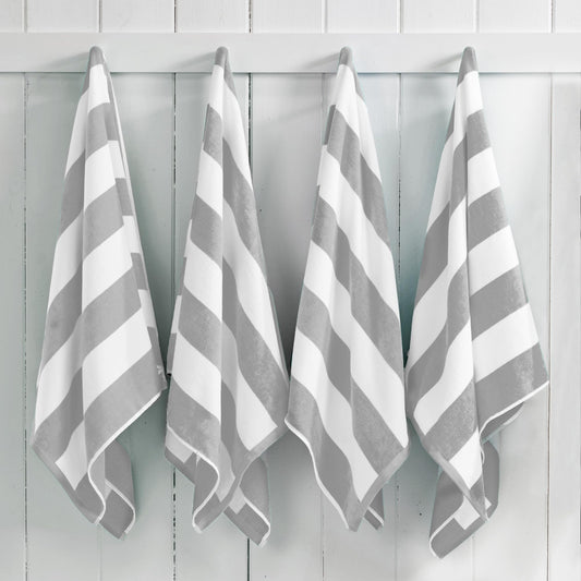 Great Bay Home 100% Cotton Velour 4 Pack Beach Towels 30" x 60" - Cabana Stripe Pool Towels - Quick Dry, Large Swim Towel (Light Grey)