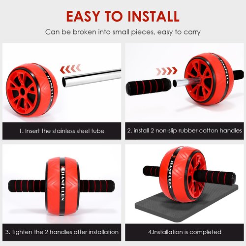 Ab Roller Wheel, Ab Workout Equipment for Abdominal & Core Strength Training, Home Gym Fitness Exercise Wheels for Women Men, with 2 Grip Strength Trainer & Knee Pad Accessories(Black+Red)