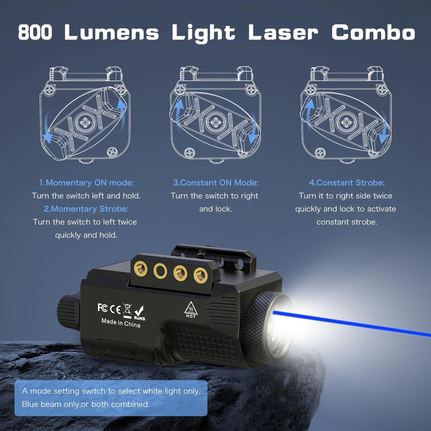 Laser Light Combo for Pistol Rifle- 800 Lumens Laser Beam and Flashlight for Handgun with Picatinny 1913 Rail, Tactical Flash Light Blue Gun Beam Laser Light Combo, USB C Rechargeable 500mAh Battery