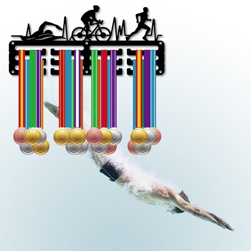 CREATCABIN Triathlon Medal Holder Display Swim Bike Run Medal Hangers Rack Sports Metal Hanging Awards Iron Small Decor Awards for Swimming Running Men Wall Home Badge Medalist Black 11.4 x 5.1 Inch