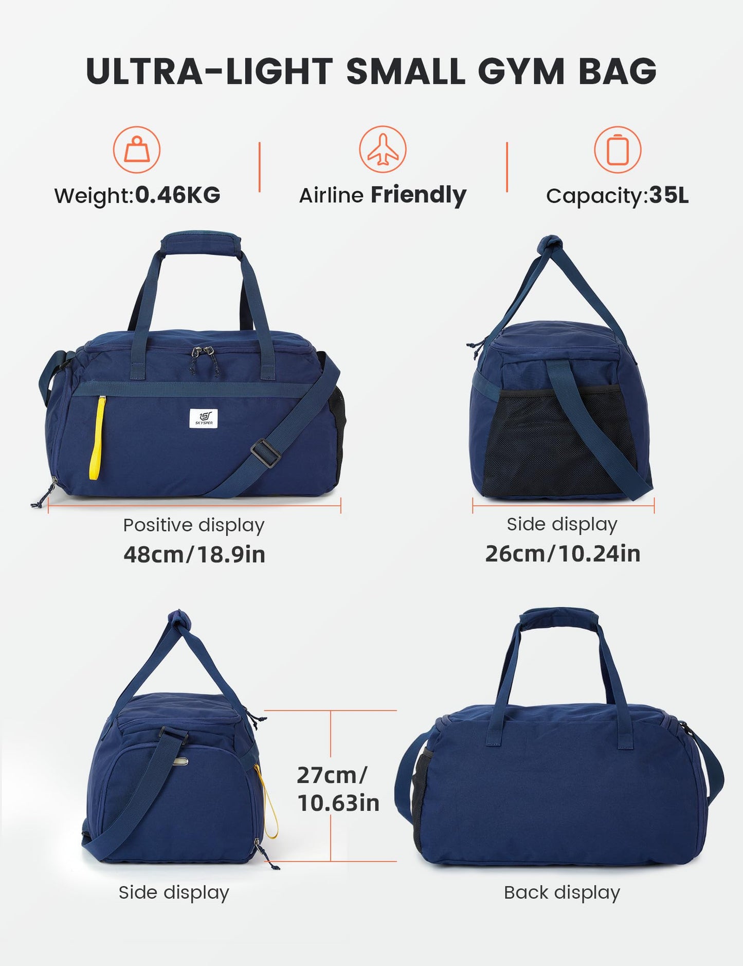 SKYSPER Gym Bag for Men & Women with Shoe Compartment, Carry-on Gym Duffle Bag for Travel and Sports, Workout Overnight Bag with Large Wet Pocket, Blue