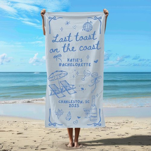Custom Bachelorette Beach Towel for Men for Women, Trendy, Gift Personalized Last Toast on The Coast Towel, Girls Weekend or Coastal Party Favor for Bride Crew