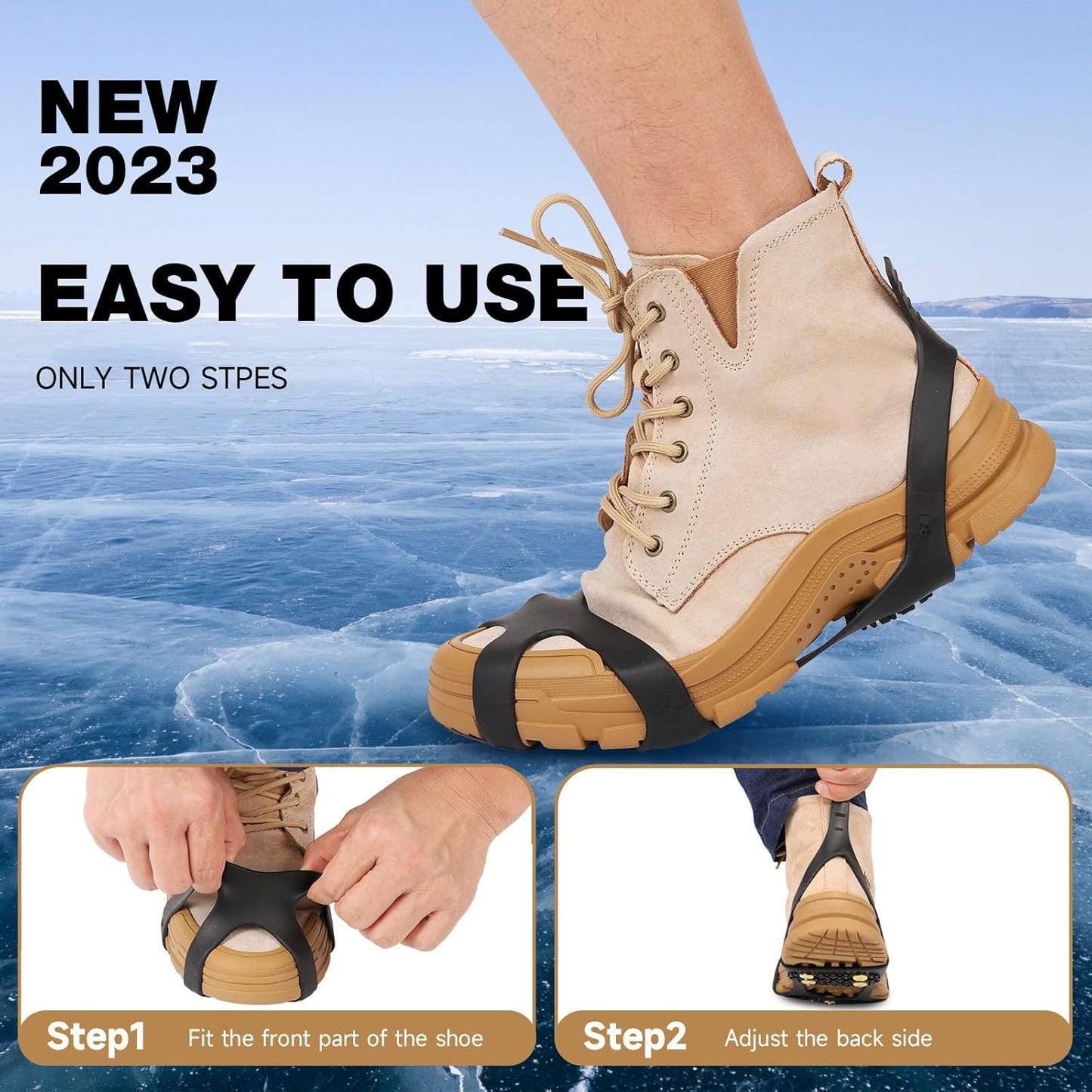 Ice Cleats for Boots Shoes, Ice Shoe Grips Anti Slip for Men Women, Rubber Snow Cleats, Spikes Crampons for Hiking Boots and Shoes + 10 Extra Replacement Studs (S, M, L, XL)