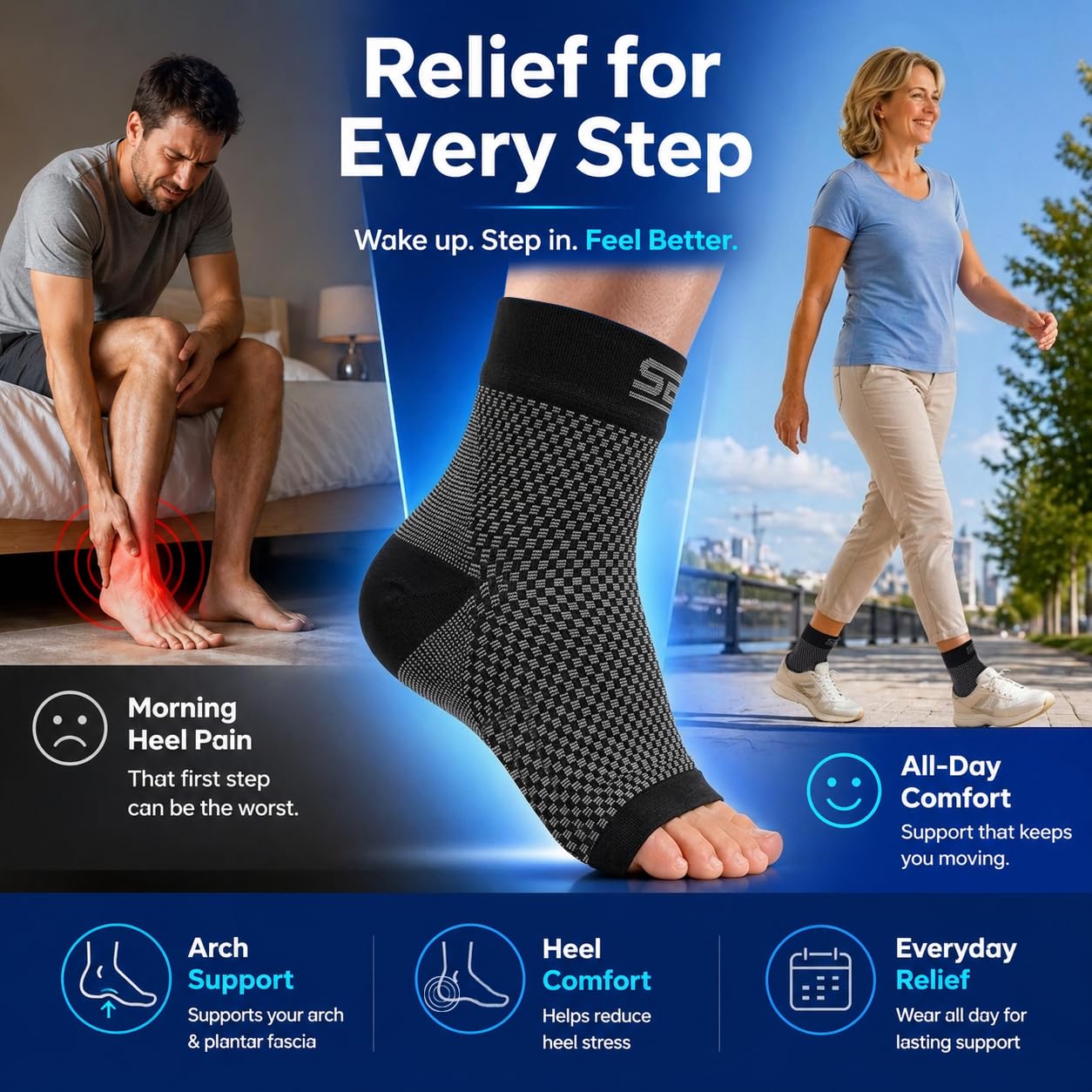 SB SOX Plantar Fasciitis Compression Socks – Arch Support Sleeve for Heel Pain Relief, Achilles Tendonitis & Foot Pain – Toeless Ankle Compression, All-Day Comfort (Gray, Medium)