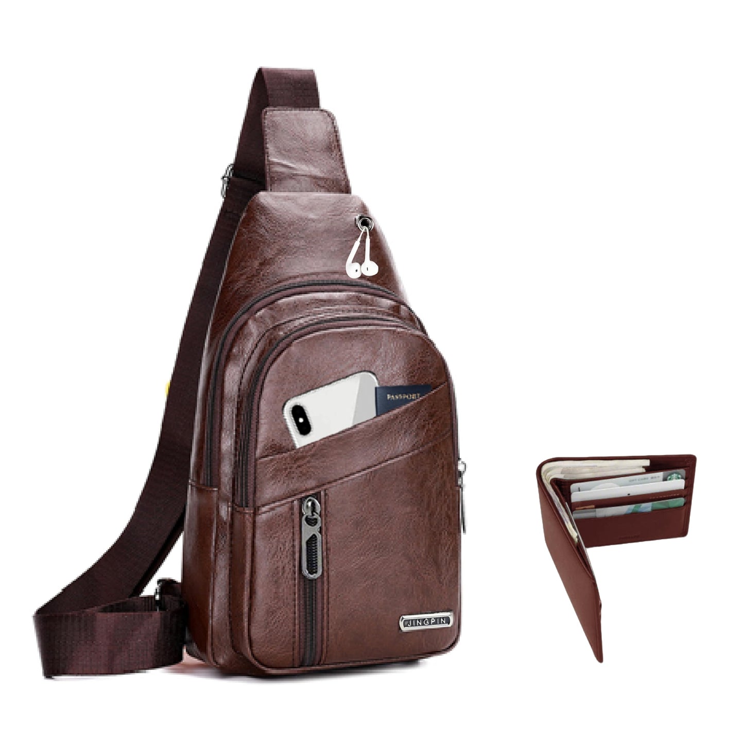 2 Pack Sling Bag Set, PU Leather Sling Bag with Classic Wallet, Multi-Zipper Design for Travel, Outdoors