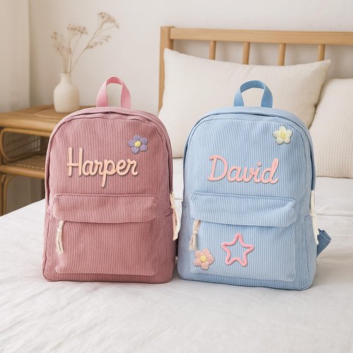 Dyoart Personalized Corduroy Backpack for Girls & Boys, Custom School Bag with Cotton Rope Woven, Monogram Book Bag for Toddlers and Kids Back to School Gifts