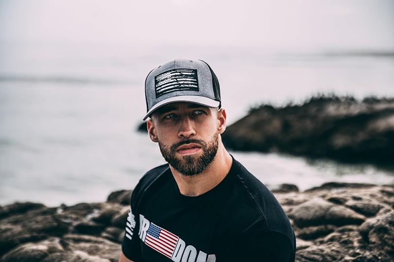 American Flag Patch Flexfit Hat - Heather Gray, Large/X-Large
