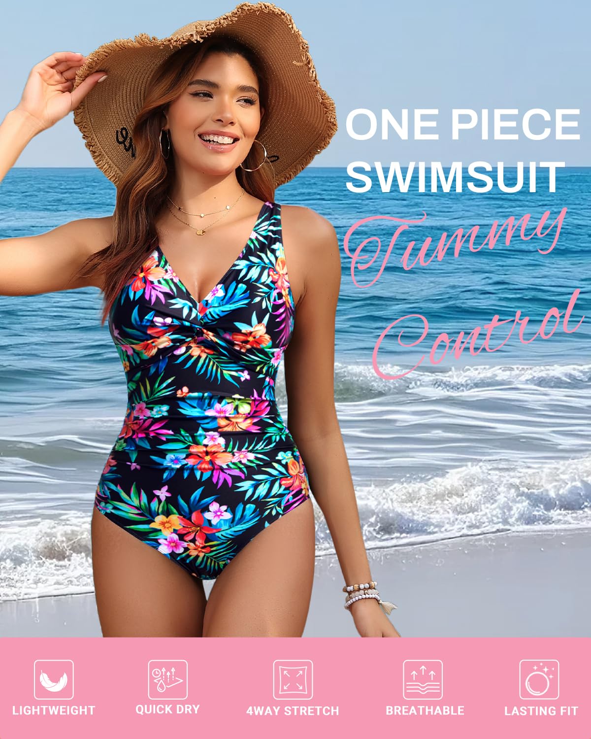 Holipick Multi Floral Women Tummy Control One Piece Swimsuit - Push Up Bathing Suit Full Coverage Slimming Swimwear XL