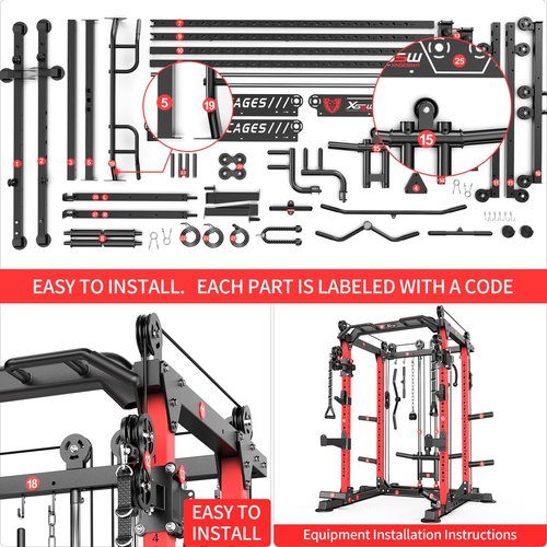 XGSW XINGESIWR Power Cages Multi-Purpose Squat Rack with Cable Crossover System, Matching Weight Bench, Olympic Barbell Weight Set for Garage and Home Gyms (Red, L02-Power Cage Only)