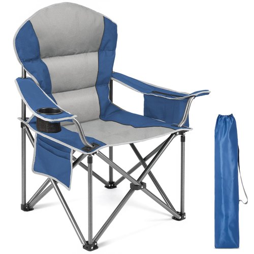 Sweetcrispy Camping Folding Chair, Heavy Duty Support - Foldable Padded Seat with Side Pockets, Cup Holder & Insulated Cooler Bag for Camping, Beach, Fishing, Outdoor Events, Bluegrey