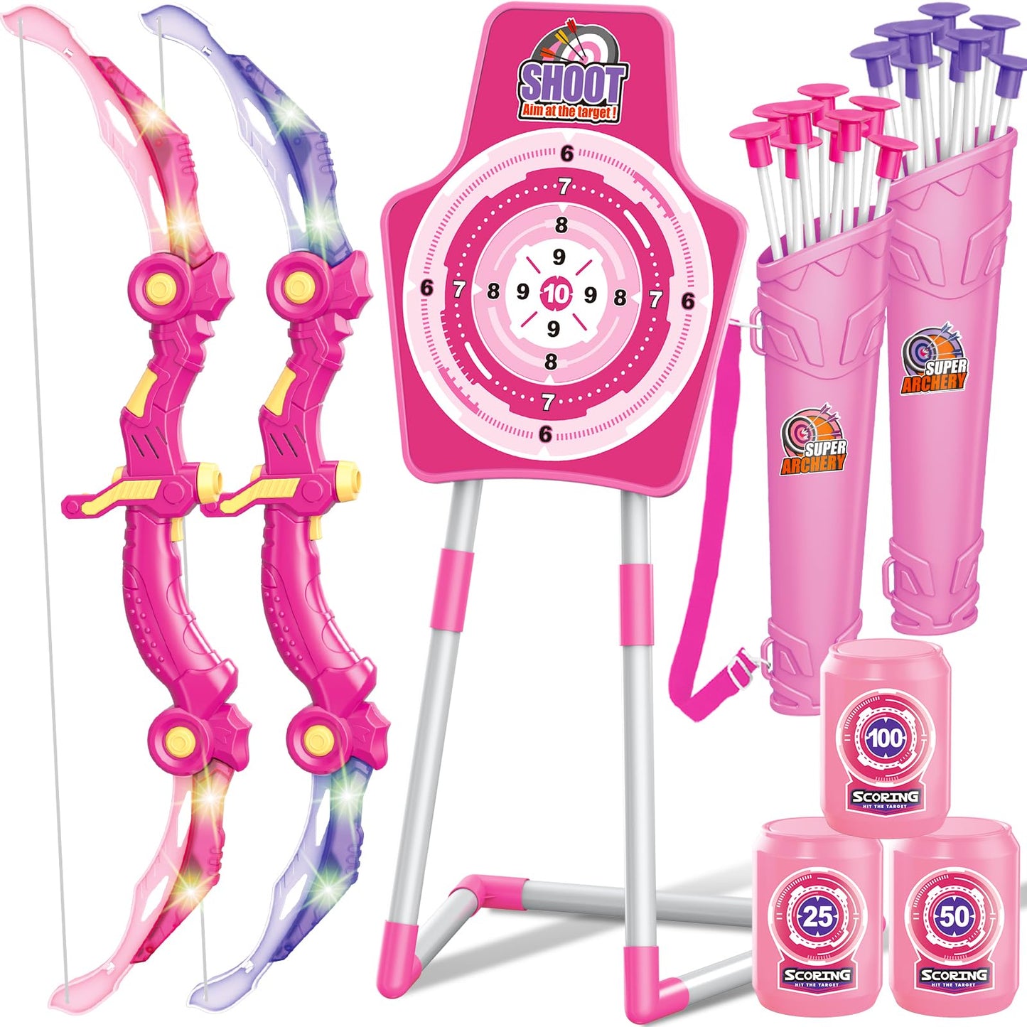 GMAOPHY 2 Pack Bow and Arrow Toy for 5 6 7 8 9 10 11 12 Year Old Boys, Birthday for Kids, Indoor Outdoor Sport Games Toys for Ages 4-8 8-12, LED Light Up Archery Set with 20 Toy Arrows (Pink)