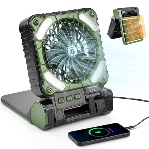Indwell Portable Solar Camping Fan with LED Lantern - Rechargeable Battery Powered 5200mAh, Power Bank Function 4-Speed Cooling Dual Solar USB-C Charging Foldable for Outdoor Camping, Tent & Travel