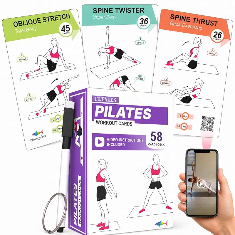 Pilates Workout Cards Set – 58 Mat Pilates Exercises with Video, Dry-Erase Marker & Color-Coded Routines