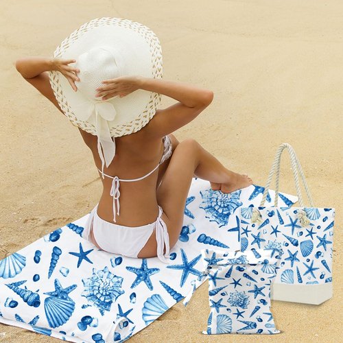 ENGVZ Beach Bags for Women, Beach Towel, Wet Bag Cosmetic Bag, Pool Waterproof Shoulder Tote Bags, Pocket Zipper Summer Travel Essentials, Gifts for Women Birthday Friendship Gifts （3-Piece Set）