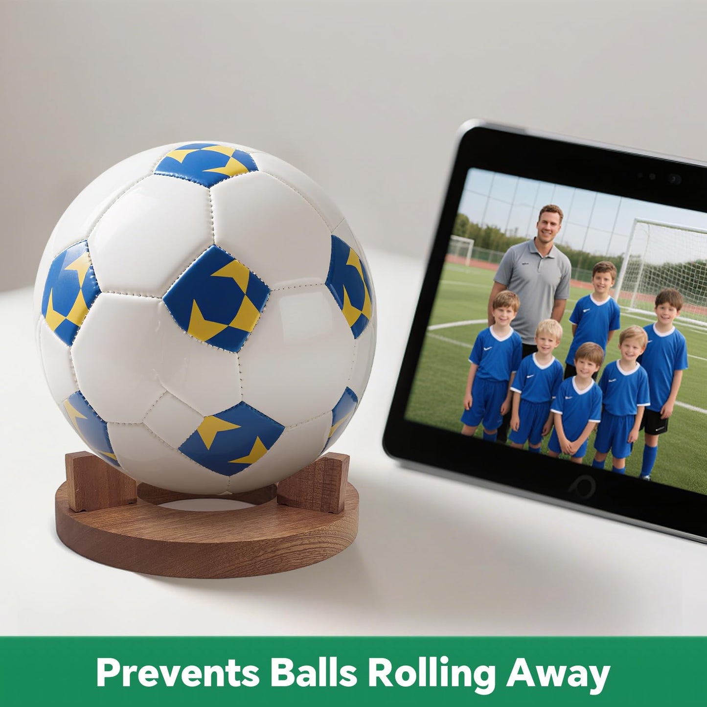 SINNNBLE Wooden Football Stand Holder for Display and Storage of Soccer, Basketball, Football, Volleyball, Rugby, Bowling Balls, Crystal Ball