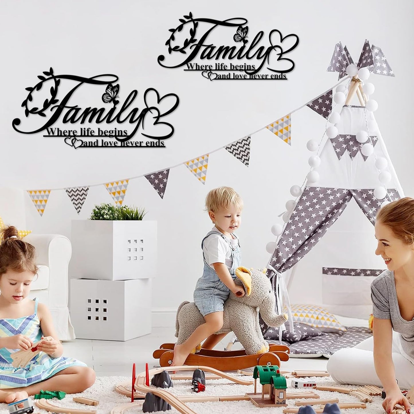 Resama Family Signs Metal Wall Decor,Where Life Begins and Love Never Ends Heart Butterflies Wall Sculpture Black Metal Family Decor for Living Room Bedroom Kitchen (Black,Small)