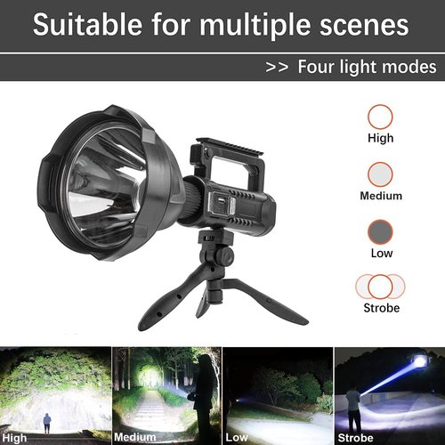 ZEUSFIRE Rechargeable Spotlight Flashlight High Lumens, 3000 Lumens Super Bright Led Searchlight with Tripod and USB Output, IPX5 Waterproof 4 Modes Handheld Spotlight for Camping Hiking