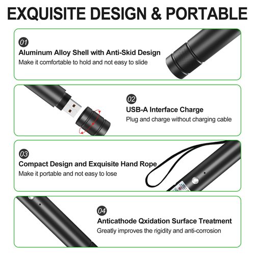 LETEAPII Green Beam Light Flashlight Long Range, USB Rechargeable Tactical Flashlights with Star Cap Adjustable Focus for TV/LED/LCD Screens, Presentations, Astronomy, Camping, Hiking, and Outdoor Use