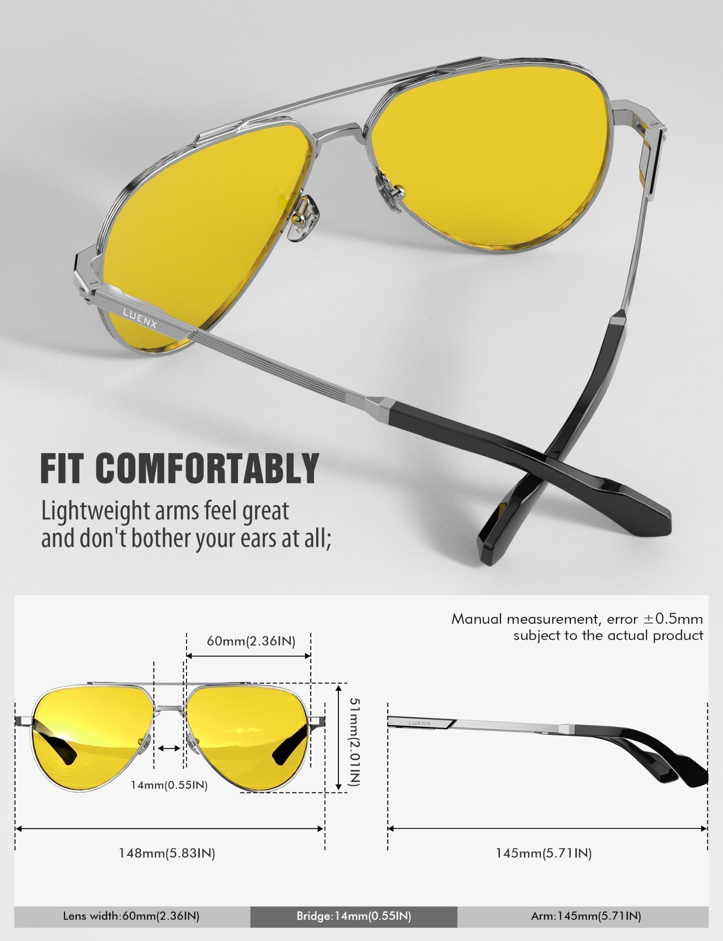 LUENX Night Vision Glasses,Aviator Polarized Sunglasses for Men Women Driving Yellow Lens Silver Frame Anti Glare Clear Sight 60MM