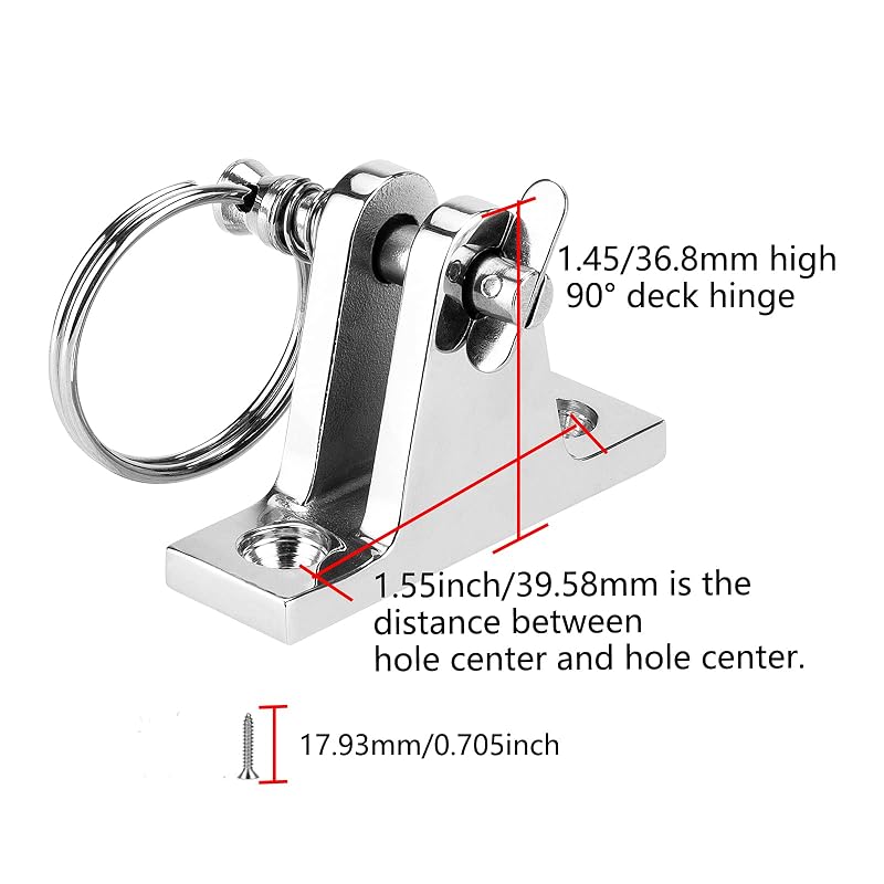 316 Stainless Steel Bimini Top Deck Hinge with Quick Release Pin – 90° Deck Hinge, Includes Screws