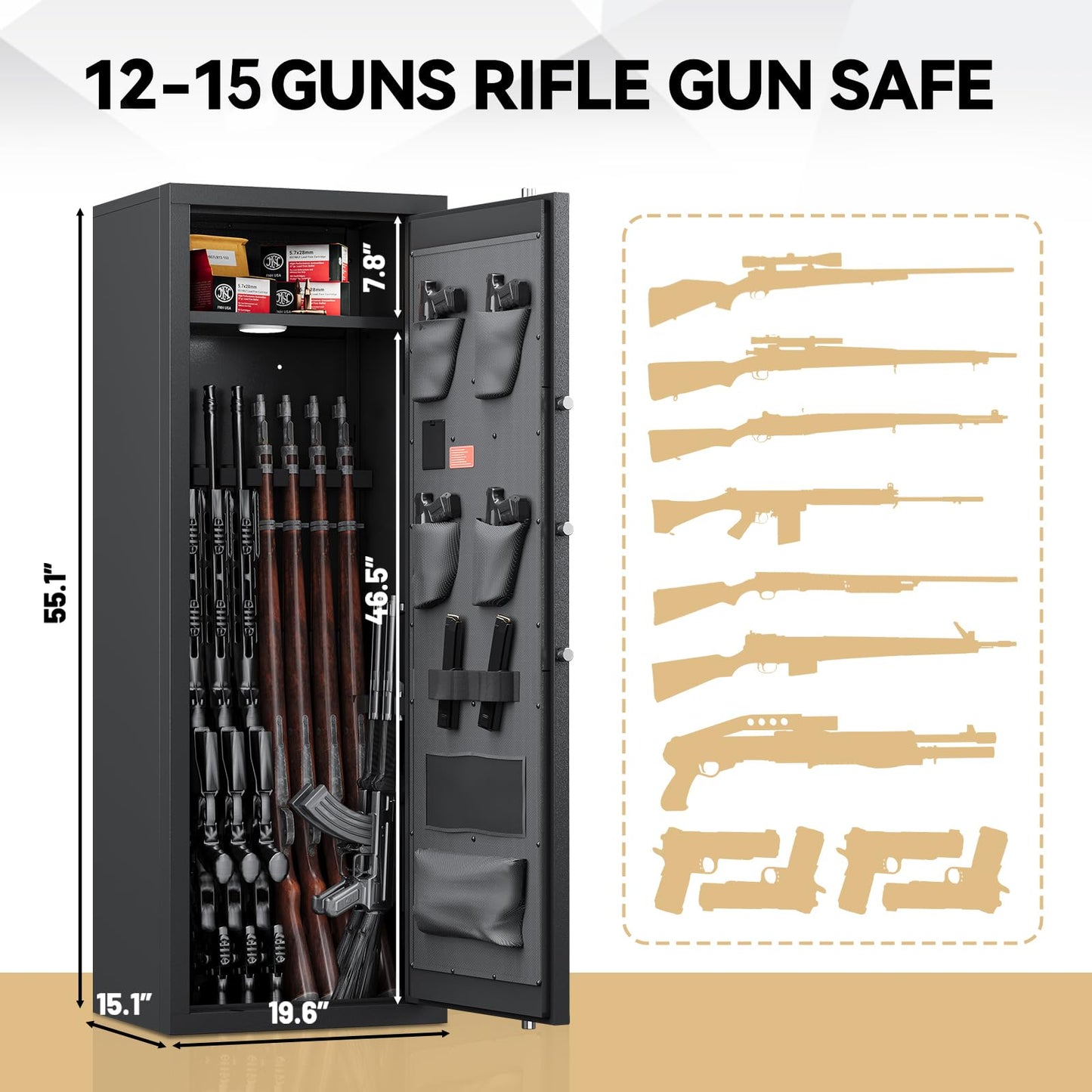 KAER 12-15 Rifle Gun Safe, Home Safes for Rifles and Pistols, Large Unassembled Rifle Safe with 3 Removable Gun Racks, Digital Gun Cabinet with 4 Pistol Pockets