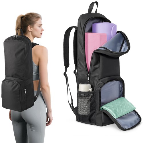 Tangoner Yoga Mat Bag Carrier Zipper Closure Multi Functional Essential Pockets Exercise Yoga Mat Holder Backpack (Black)