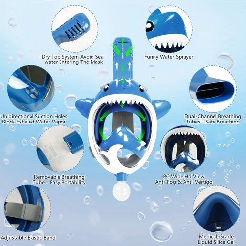 Snorkeling Gear for Kids with Water Blaster, Full Face Snorkel Mask Kids Check Valve Safe Breathing, 180 Degree Panoramic View Child Snorkel Mask, Children Snorkel Set for Ages 6-14 (Blue)