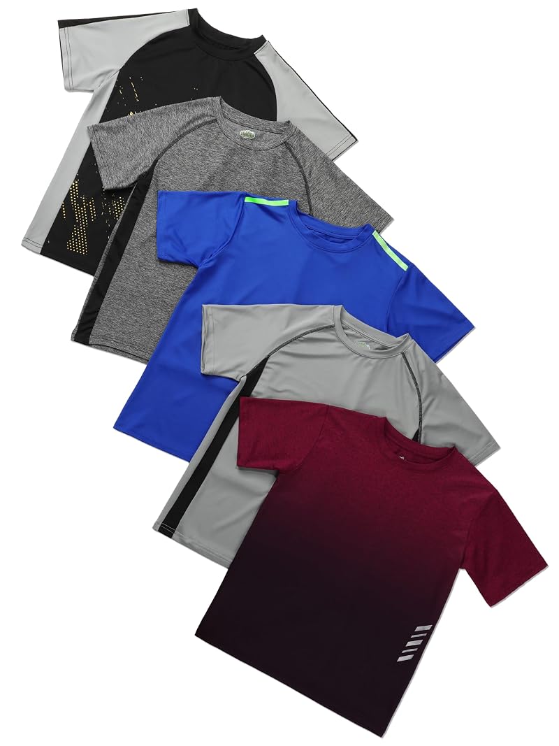 5 Pack Boys Athletic T-Shirts Dry Fit – Quick-Dry Active Tees with Variation: Black, Gray, Navy, Maroon, Mixed