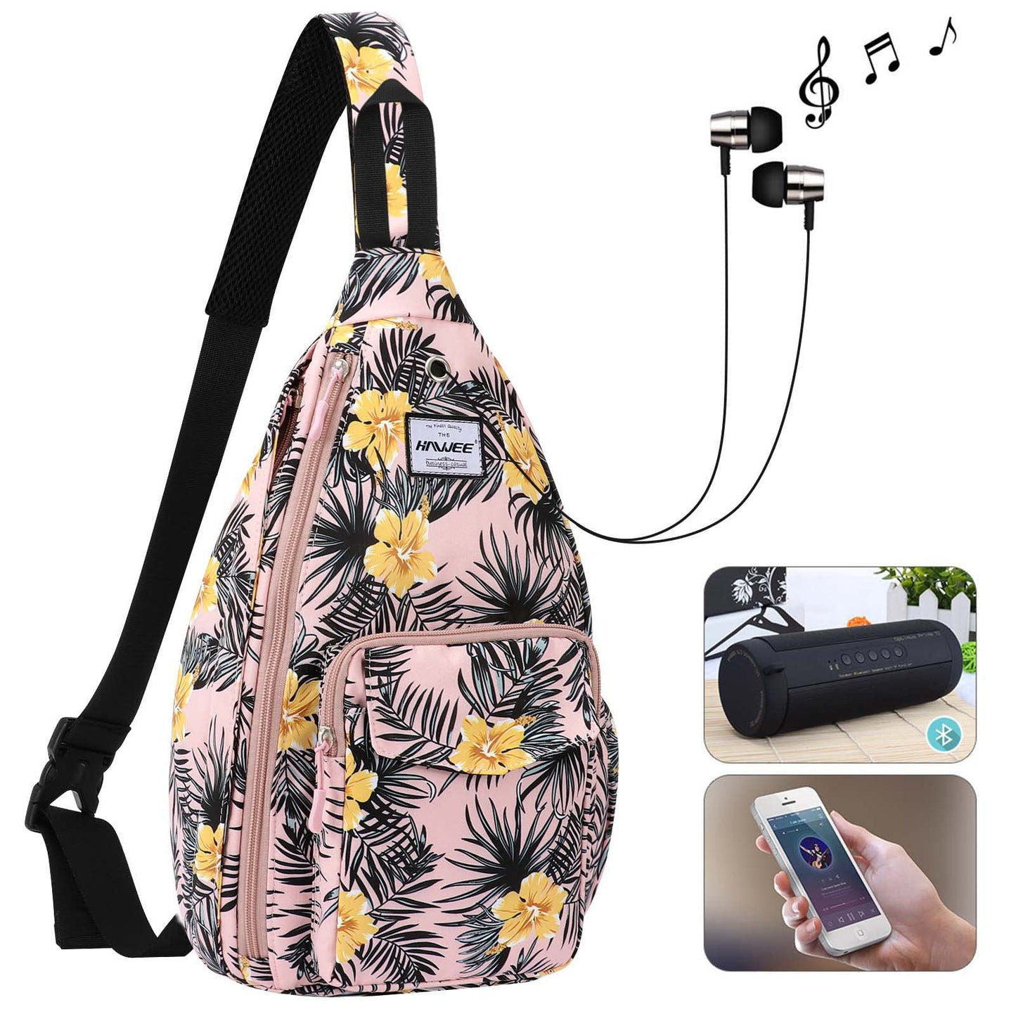 HAWEE Rope Sling Bag for Women Casual Cross Body Backpack Adjustable Anti-slip Strap/Bottle Pocket/Earphone Hole for Travel Hiking Sports, Hibiscus Orange