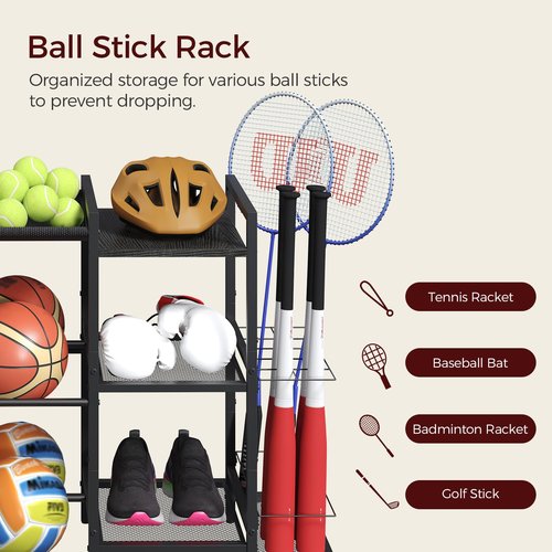 MAHANCRIS Sports Equipment Organizer, 3 Tier Ball Storage Rack with Baseball Bat Holder, Indoor & Outdoor Basketball Racks for Volleyball, Football, Garage Organizer with Sheleves, Black BEHR17301