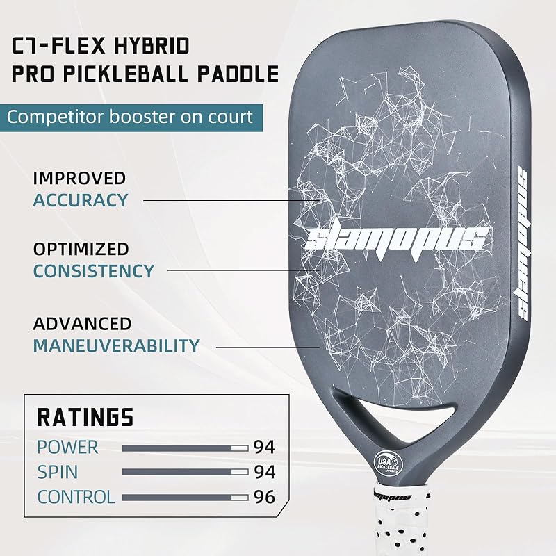 Pro Pickleball Paddle Gray - T700 Carbon Fiber 16mm Core with Overgrips, USAPA Approved