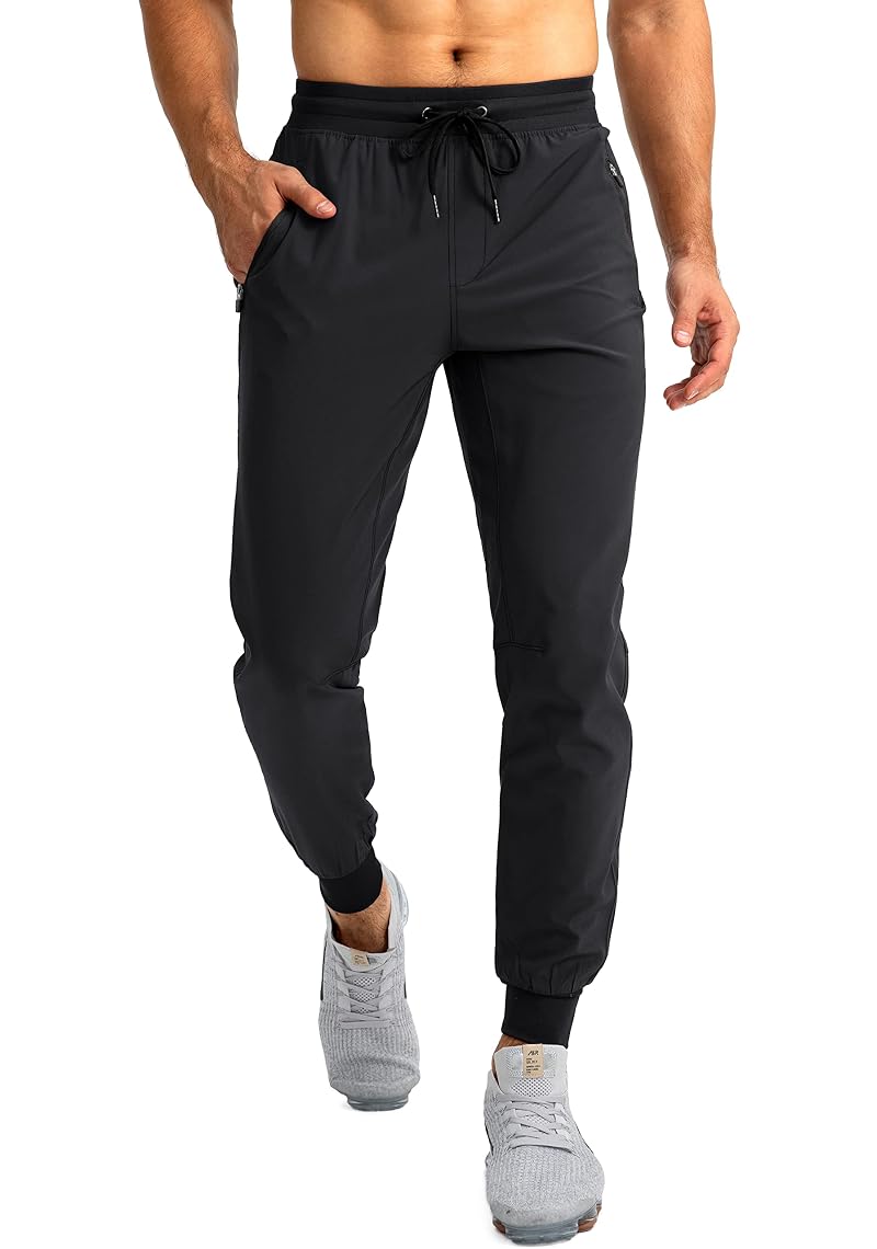 Pudolla Men’s Lightweight Jogger Pants - Black, Medium, Zipper Pockets