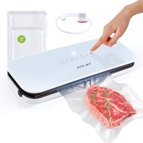 Amz Jet Vacuum Sealer for Food - Tempered Glass Panel, LED Touch Control, Digital Display, Pulse/Moist/Dry/Seal/External Suction Modes, Includes 30 Vacuum Bags & Built-in Cutter(White)