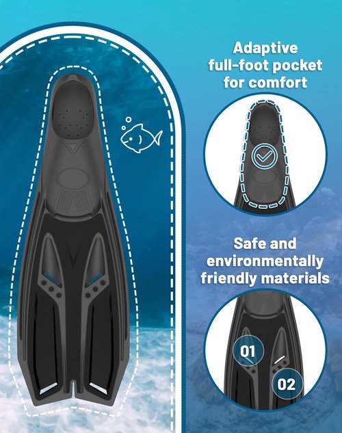 Greatever Snorkel Fins with Full Foot Pocket Durable Long Diving Fins Professional Snorkel Gear for Snorkeling Diving Freediving Adults Men Women