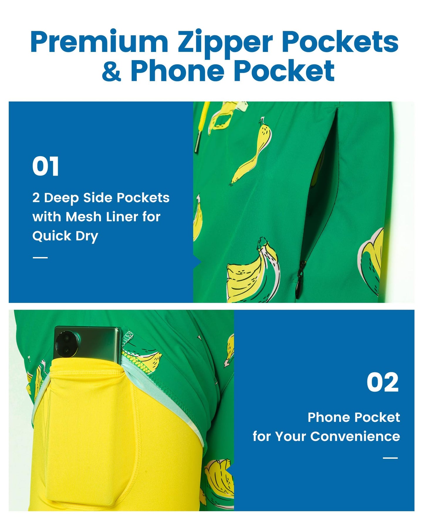 maamgic 2 in 1 Mens Swim Trunks 7 Inch Swim Shorts Swim Suits Board Shorts Falling Banana-Green X-Large