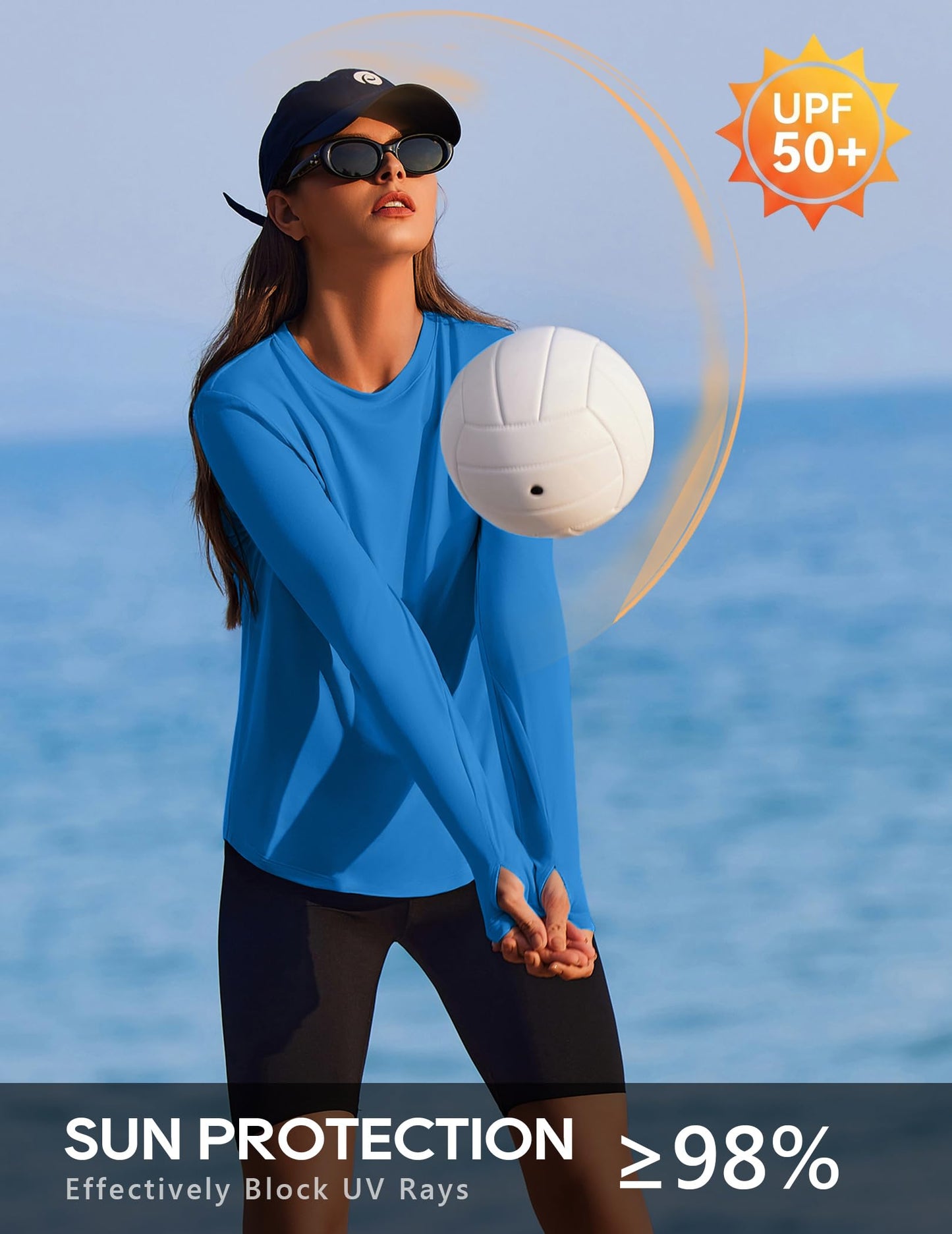 PINSPARK Rash Guard for Women Soft Crewneck Long Sleeve T Shirts with Thumb Holes Quick Dry Lightweight for Fishing Running Tennis Casual, Sparkle Blue Large