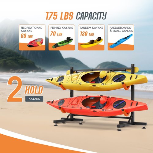 SPECRAFT Freestanding Kayak Storage Rack for 2 Kayaks, Adjustable Width Stand with Stable T-Base, EVA Tube Sleeves, for Indoor Outdoor Garage