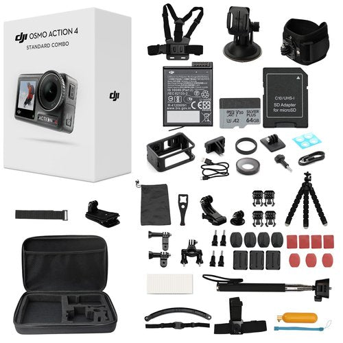 DJI Osmo Action 4 Standard Combo with 50 Piece Accessory Kit + 64GB Card, 4K/120fps Waterproof Action Camera with a 1/1.3-Inch Sensor, Long-Lasting 160 Mins, Outdoor Camera (Total 1 Battery)