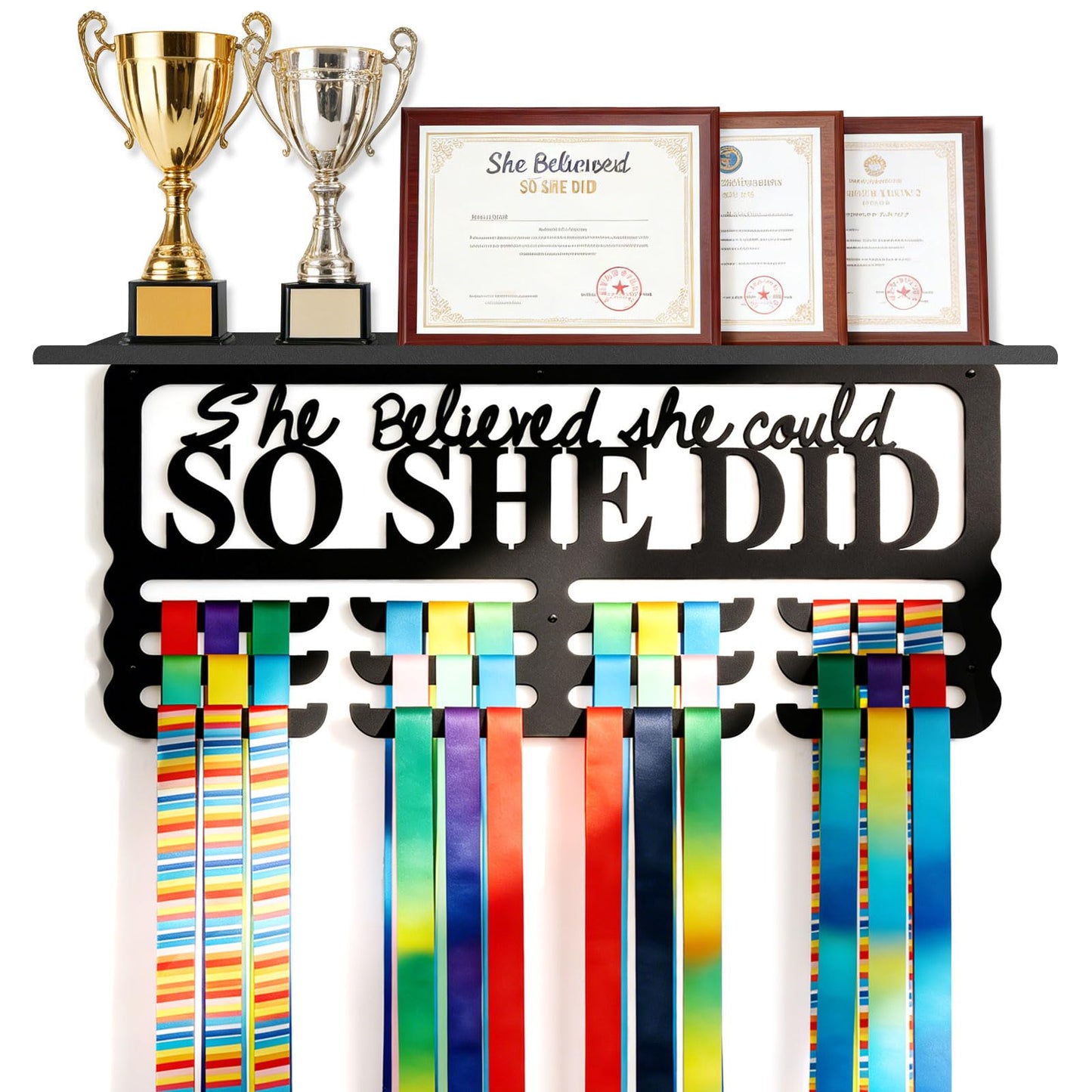 Monlyey Medal Hanger Display with Trophy Shelf - Metal Awards Rack for Walls Holds 60+ Sports Medals, Medal Holder Awards Trophy Display