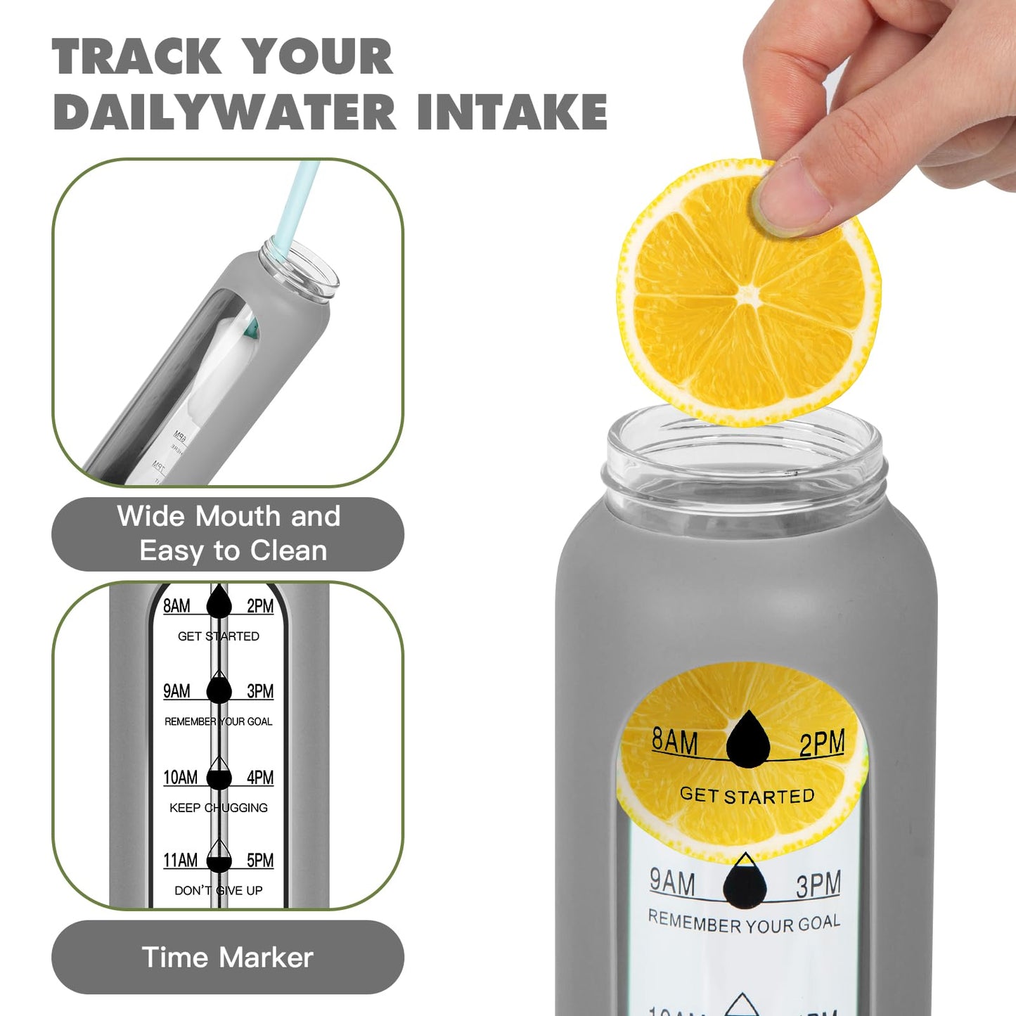Sinekequnsun 32oz Glass Water Bottle with Time Marker, 2 Lids-Handle Spout Lid & Bamboo Straw Lid, 1 Liter Motivational Borosilicate Water Bottle for Gym, Office, Travel (Gray)
