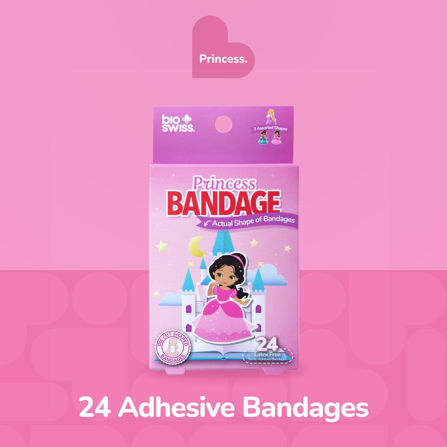 BioSwiss Bandages, Princess Shaped Self Adhesive Bandage Set, Latex Free, Sterile Wound Care, 24 Count