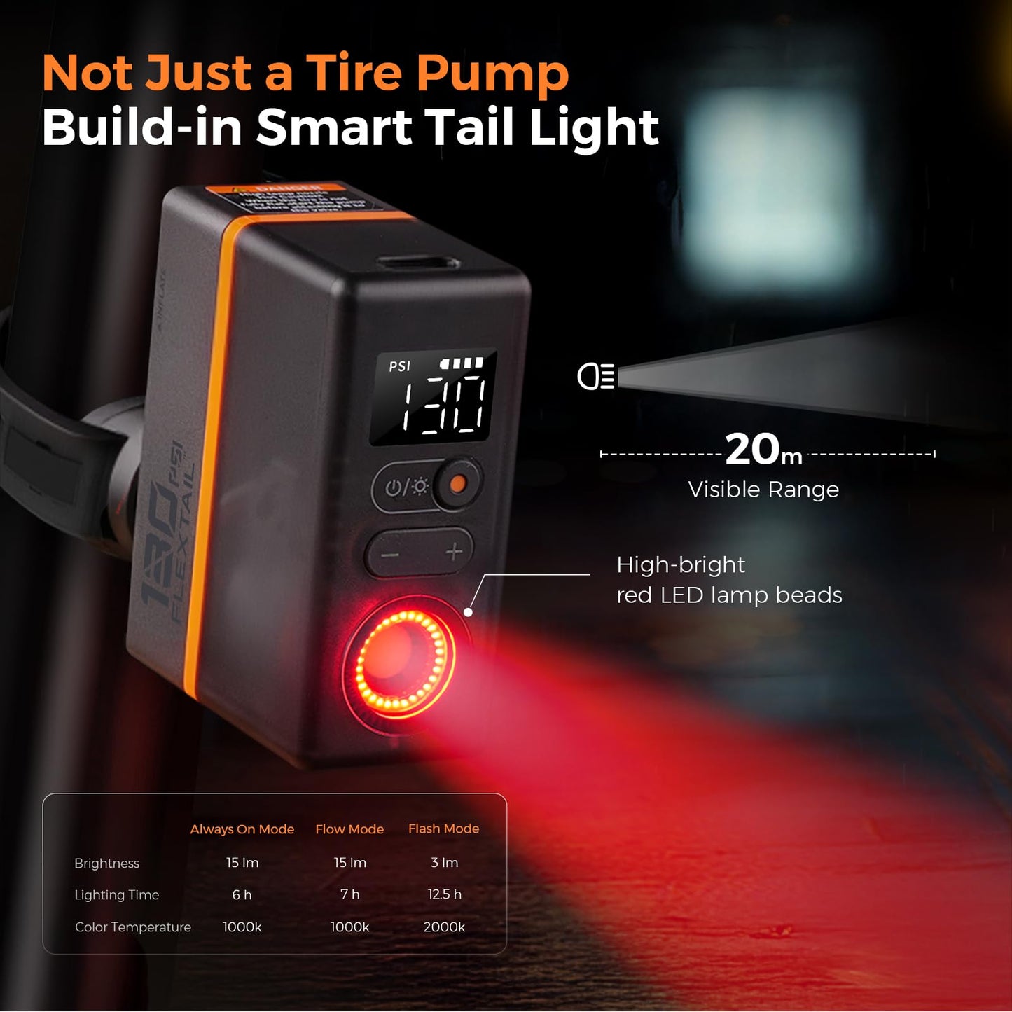 FLEXTAILGEAR Mini Portable Bike Tire Pump with Digital Gauge & Taillight, 130 PSI Electric Bicycle Pump, Presta and Schrader Valves, for Road, Mountain Bikes, Motorcycle, Balls