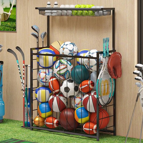Sports Equipment Organizer, Big Garage Storage Ball Rack with Elastic Straps and 3 Hooks, Outdoor Toy Organizer Stand, Garage organization Storage Rack for Basketball, Football, Soccer, Volleyball