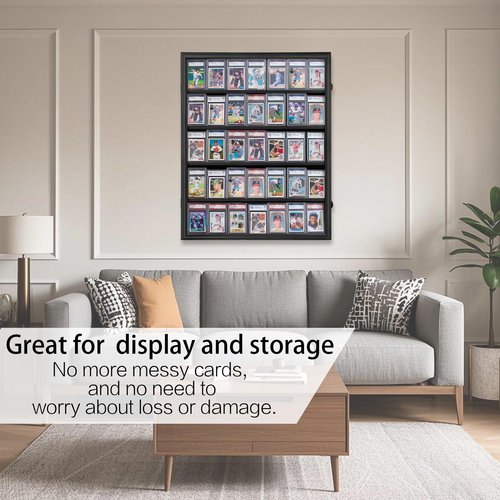 Nixvexy 35 Graded Card Display Case - Wall-Mount Baseball Card Display Case - Lockable Box with UV Protection Acrylic for Display Basketball Hockey Football Card - Black