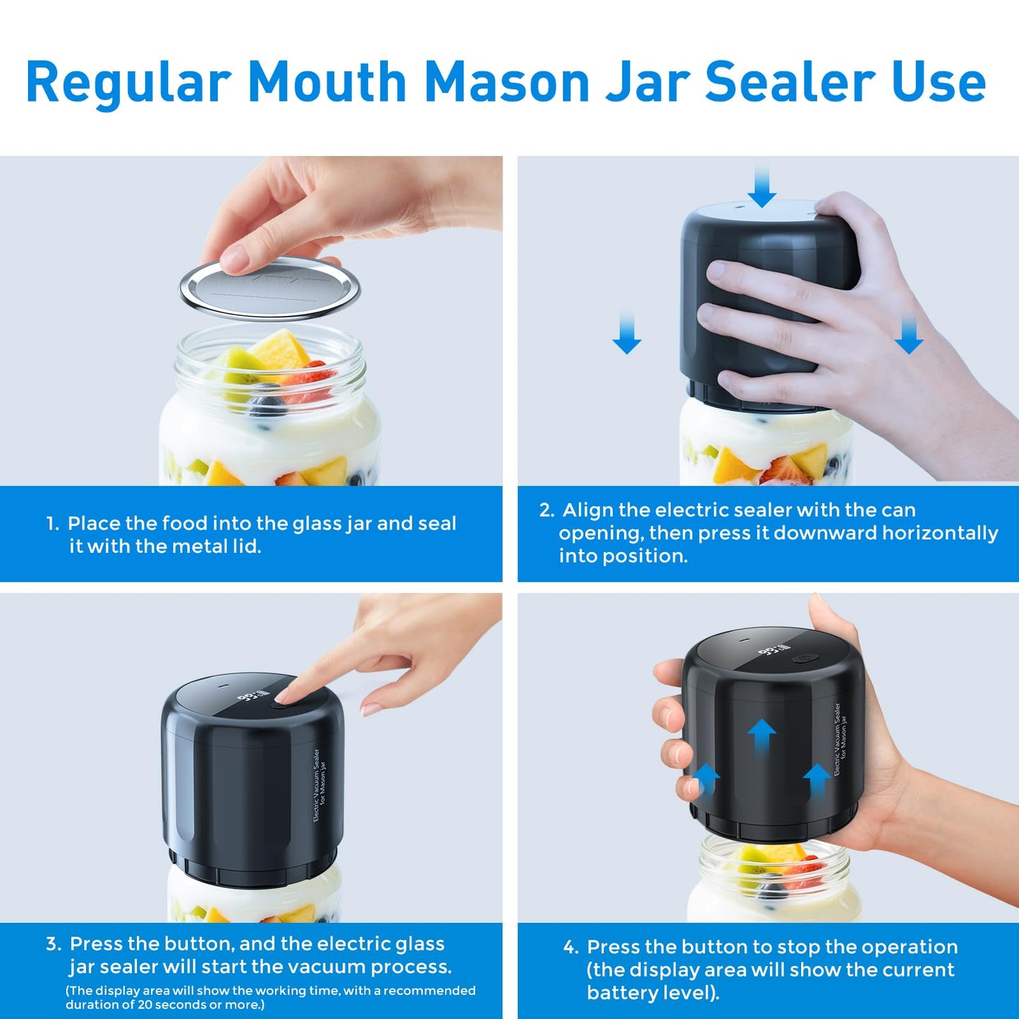 Upgraded Auto Stop Electric Mason Jar Vacuum Sealer Kit (Lids Included) for Wide & Regular Mouth Jars, Large Screen & Battery Level Display, Fully Automatic Portable Canning Food Storage Sealer