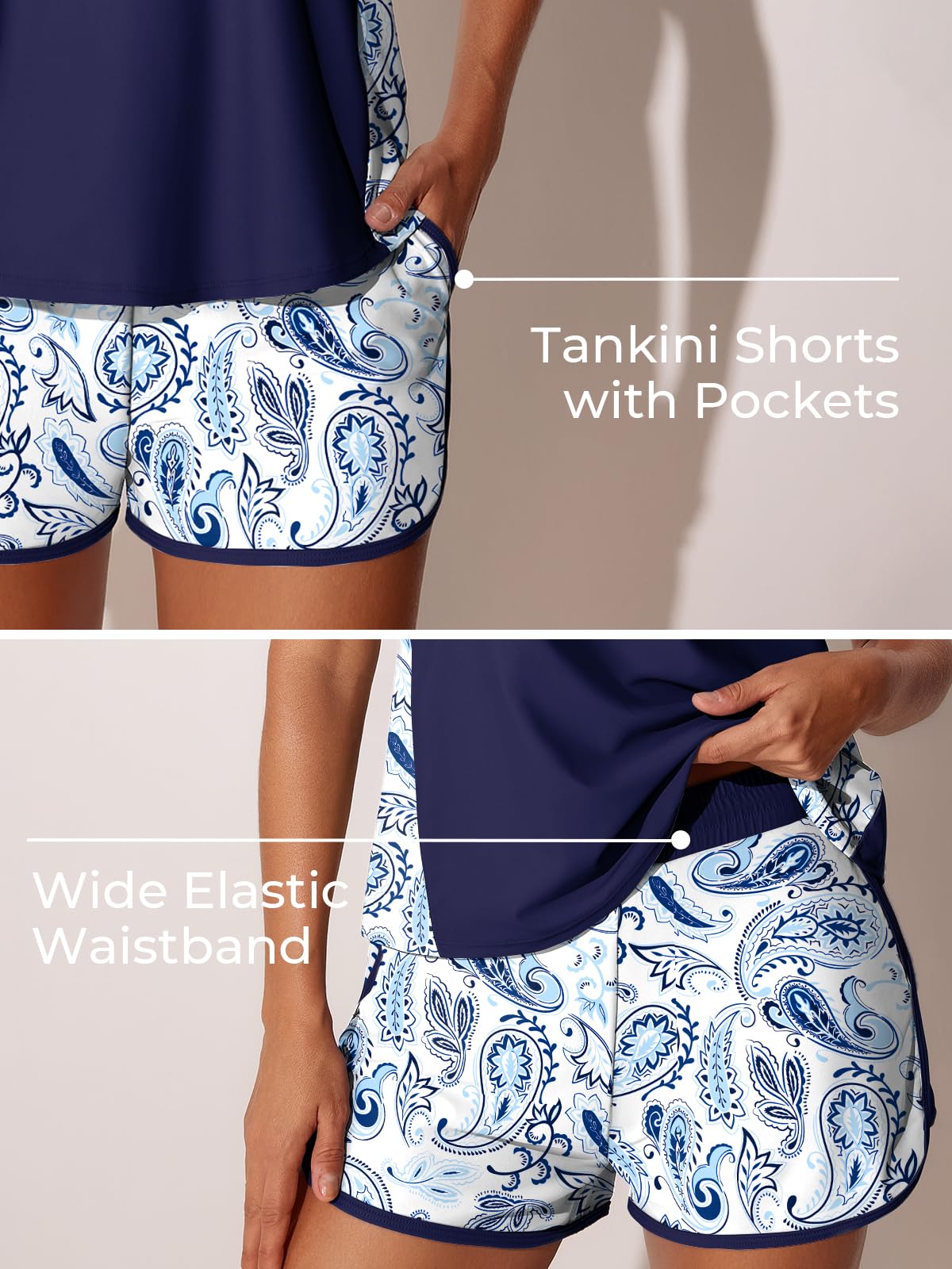 Summer Mae Blouson Tankini Swimsuits for Women 2026 Tummy Control Two Piece Bathing Suits with Sporty Pockets Swim Shorts Porcelain Paisley Size 12