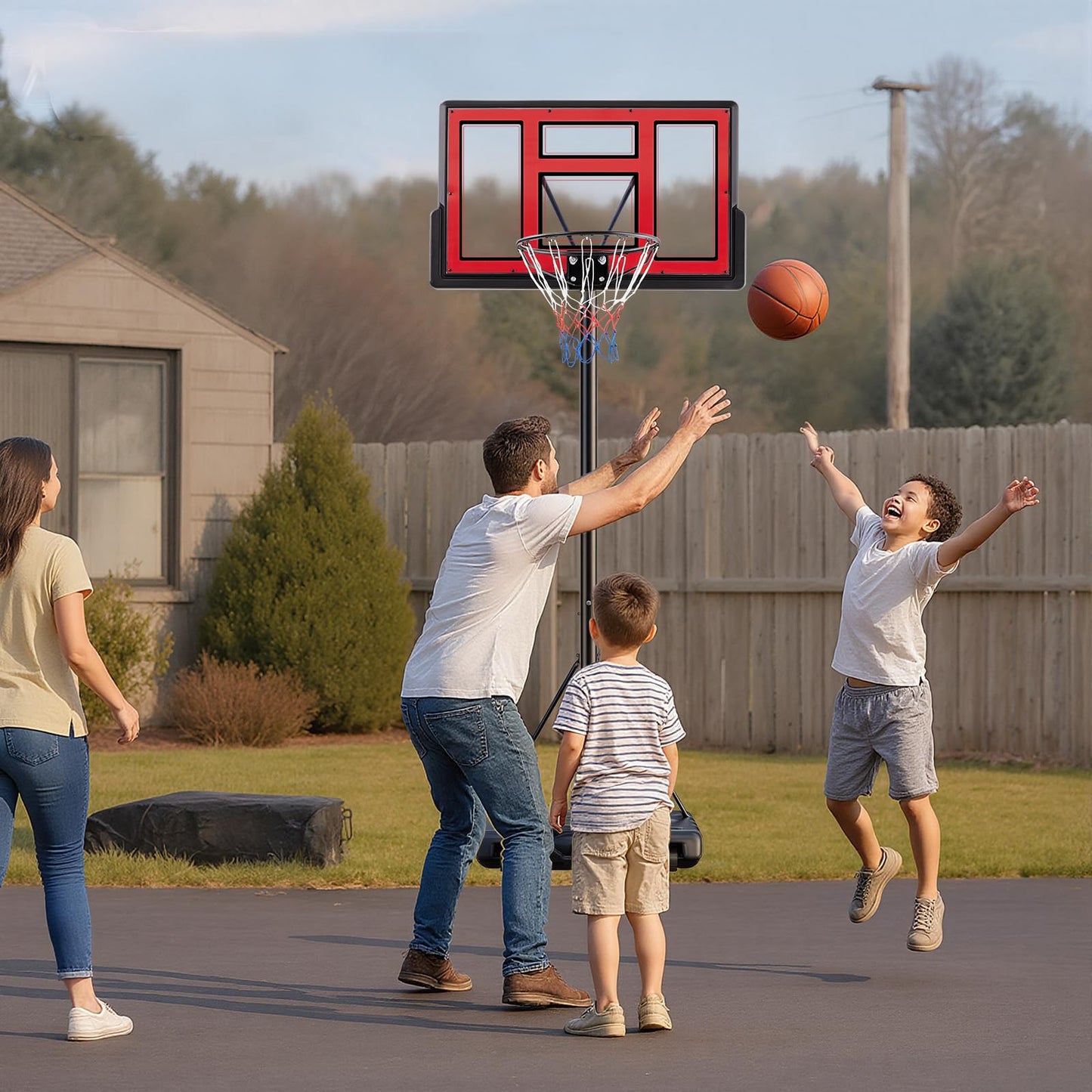 DUMOS 6.1-10FT Adjustable Height Portable Basketball Hoop Outdoor for Adult, 44 Inch Shatterproof Backboard w/Shock Absorbent Rim, Fillable Base, 2 Wheels for Swimming Pool/Indoor, Red
