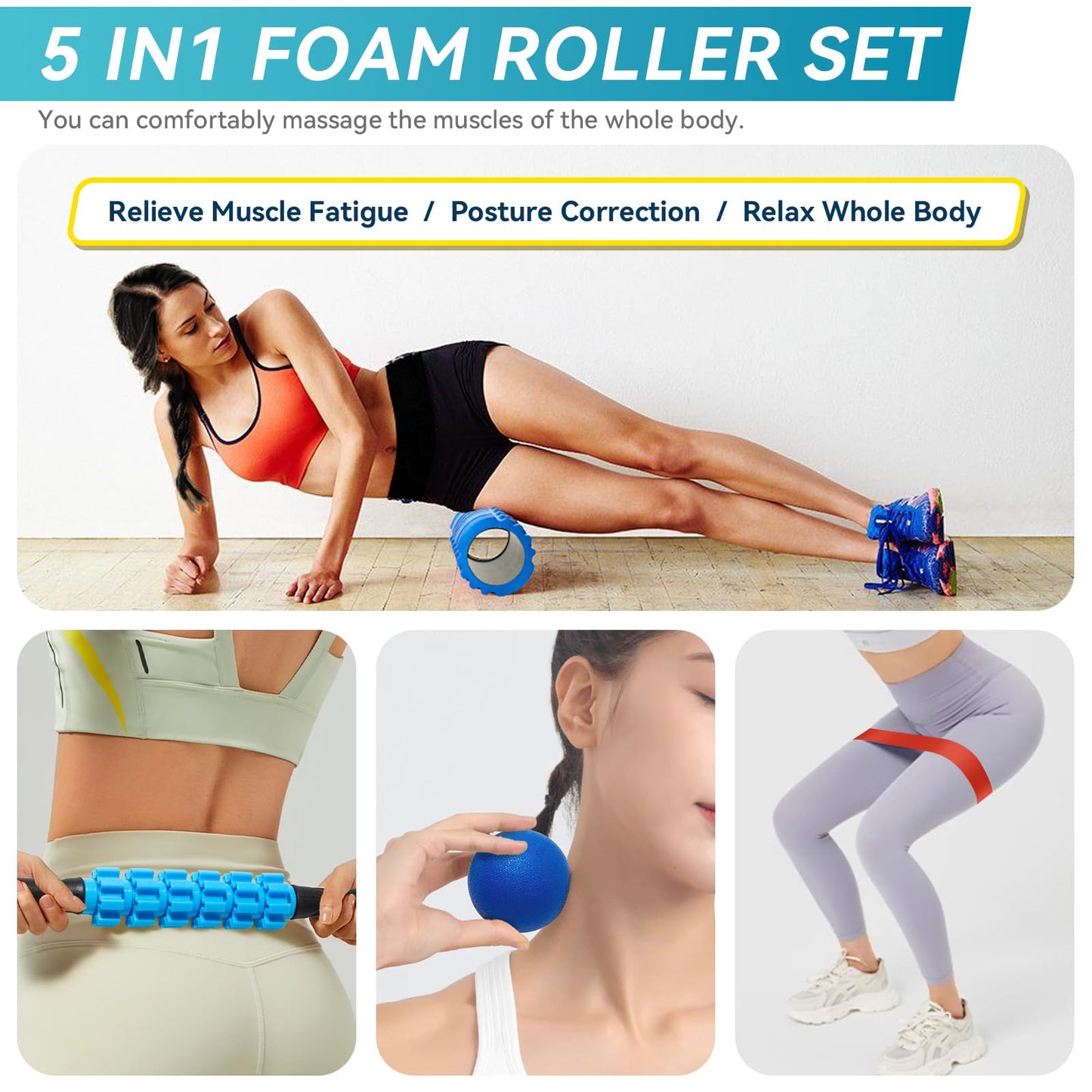 Krightlink 5 in 1 Foam Roller Set for Deep Tissue Muscle Massage, Trigger Point Fitness Exercise Roller, Massage Ball, Stretching Strap, Whole Body (Orange)