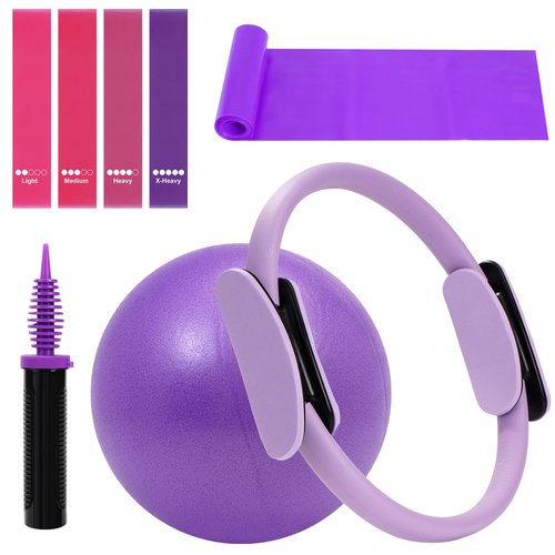 WENDISI Pilates Ring Fitness Circles Set, High Resistance Yoga Ring Pilates Equipment Set for Women Includes Pilates Ring, 9 Inch Small Exercise Ball, 5 Resistance Bands at Home Pilates Workout Set